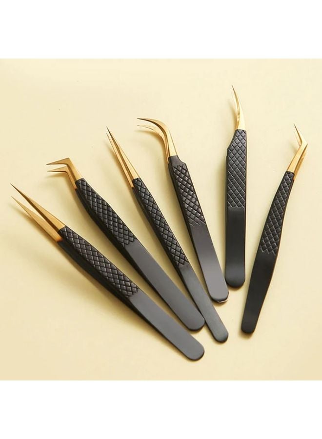 6pcs Black Stainless Steel Eyelash Extension Tweezers Set Anti Slip Grip For False Lashes And Nail Art - Image 1
